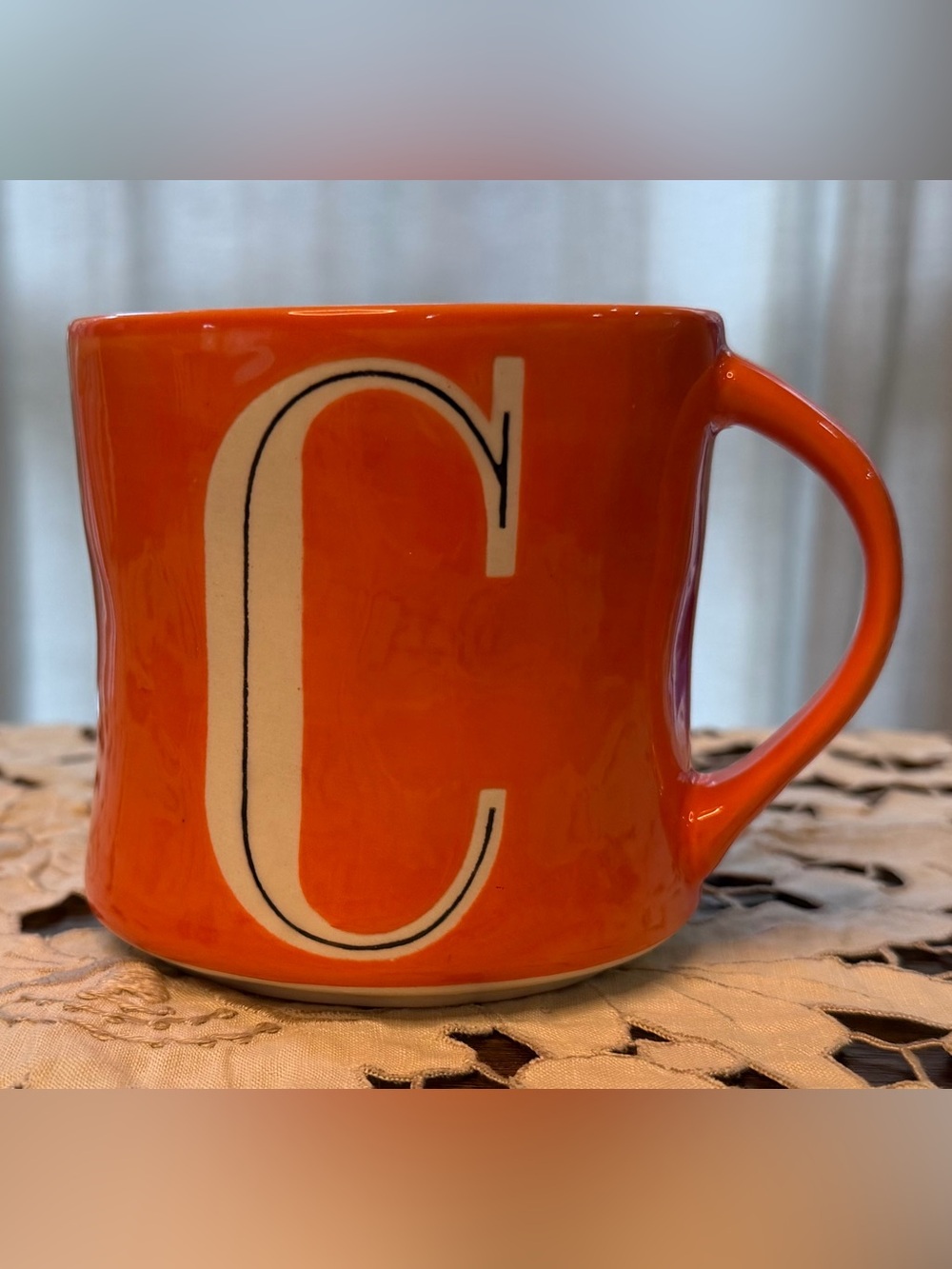 Anthropologie Monogram 'C' Orange Ceramic Coffee Mug - hand painted